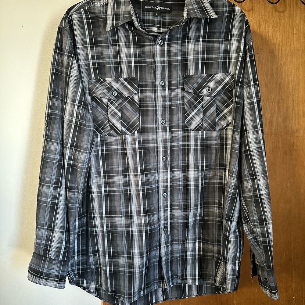 BEVERLY HILLS POLO CLUB Men’s L Black Plaid Button Down Shirt Long Sleeve